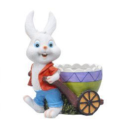 Decoratiune pentru gradina, din rasina, model iepure cu carucior, suport pentru flori, inaltime 23cm, alb / ZTS 8073