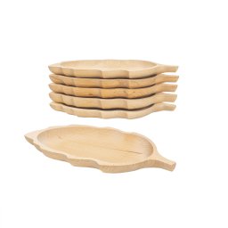 Set 6 farfurii din lemn de fag, forma frunza, 34x18cm / EXT 6179
