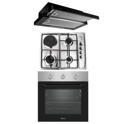 Pachet cuptor incorporabil (0065), 56 x 60 x 56 cm, electric, inox, plita incorporabila (1918), 60x50x6 cm, Gaz butelie sau gaz natural(duze de schimb incluse), hota incorporabila telescopica 2 motoare 3680, 2 x 95w / SET 30121