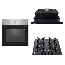 Pachet cuptor incorporabil (0065), 56 x 60 x 56 cm, electric, inox, plita incorporabila sticla (1871), 65x60x15 cm , gaz butelie sau gaz natural (duze de schimb incluse), hota 1 motor, putere 140W (1895), 60X50 cm / SET 30119