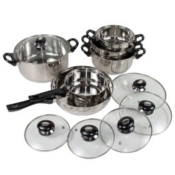 Set 12 piese compus din 4 oale (5L/3L/2.2L/1.5L)+1 cratita cu coada (1,5L)+1 tigaie (3L)+6 capace inox, fund dublu, inductie / ZLN 1167