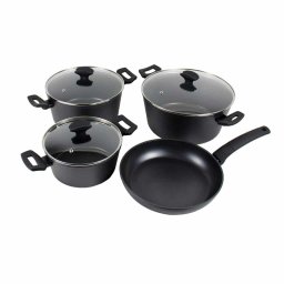 Set 7 piese din aluminiu cu strat neaderent compus din 3 oale cu manere +1 tigaie+ 3 capace sticla termorezistenta, inductie / ZLN 3277