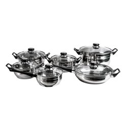 Set oale inox 12 piese, compus din 4 x oale, 1x cratita cu coada, 1x tigaie si 6x capace sticla / ZLN 4038