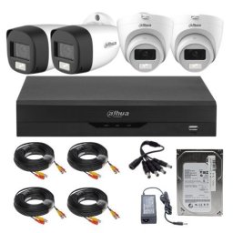 Sistem Supraveghere Mixt Dahua, 2x Bullet 2MP IR + 2x Dome Dual Light 2MP, Microfon Integrat, DVR 4 Canale, HDD 500GB, Accesorii