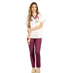 Costum medical cu elastan format din bluza alb cu paspol visina si pantaloni visinacu elastic