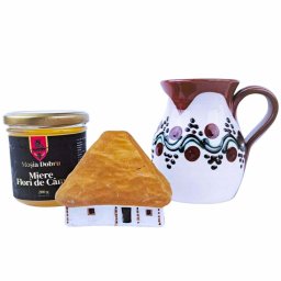 Cadou romanesc autentic cu cana ceramica de Sitar Baia Mare, miere cruda si casuta din lut