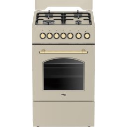 Aragaz rustic mixt Beko, 4 arzatoare cu eficienta ridicata, gratare din fonta, aprindere electrica integrata, Booster, grill electric, cuptor electric, 6 functii de gatire, rotisor, iluminare cuptor, 50cm, capac metal
