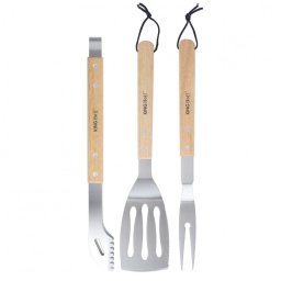 Set 3 ustensile BBQ Kinghoff KH 1918, Spatula, Spatula, Furculita, Manere din lemn, Orificiu pentru agatat, Inox / Maro