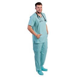 OUTLET Costum medical stretch barbati menta cu bluza in V si pantaloni cu snur si elastic