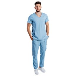 OUTLET Costum medical stretch barbati bleu cu bluza in V si pantaloni cu snur si elastic