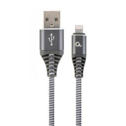 CABLU alimentare si date GEMBIRD, pt. smartphone, USB 2.0 (T) la Lightning (T), 1m, premium, cablu cu impletire din bumbac, gri cu insertii albe, CC-USB2B-AMLM-1M-WB2