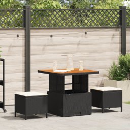 Set de mese pentru gradina 3 piese cu perne Ratan poli negru Acacia GartenMobel Dekor