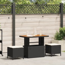 Set de masa de gradina format din 3 piese cu perne, rattan politat, acacia neagra GartenMobel Dekor