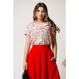 Bluza alba cu imprimeu floral corai din viscoza lejera cu floare la bust