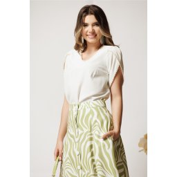 Bluza DY Fashion alba din voal cu perlute si maneci lalea