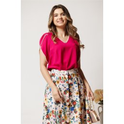 Bluza DY Fashion fucsia din voal cu perlute si maneci lalea