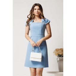 Rochie scurta bleu din stofa evazata cu perlute la bust- Moze
