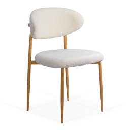 Scaun dining crem din material boucle cu cadru metalic cu aspect lemnos BUC 283