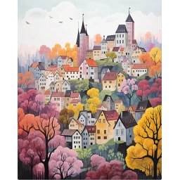 Set pictura pe numere, cu sasiu, Orasel incantator violet, 40x50 cm