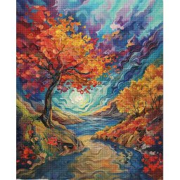 Set goblen cu diamante, cu sasiu, Padure suprarealista inspiratie van Gogh, 40x50 cm