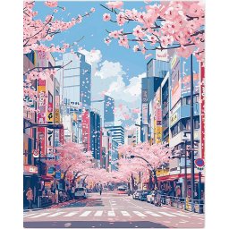 Set pictura pe numere, cu sasiu, Ciresii infloriti din Tokyo, 40x50 cm