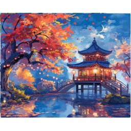 Set pictura pe numere, cu sasiu, Pagoda in noaptea de toamna, 40x50 cm