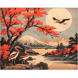 Set pictura pe numere, cu sasiu, Cocori si muntele Fuji, 40x50 cm