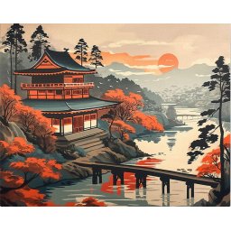 Set pictura pe numere, cu sasiu, Vedere vintage cu pagoda, 40x50 cm