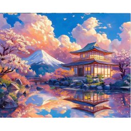 Set pictura pe numere, cu sasiu, Vedere cu templu si muntele Fuji, 40x50 cm