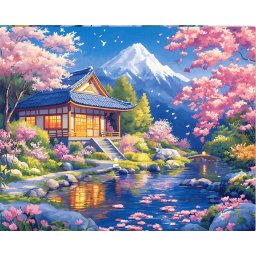 Set pictura pe numere, cu sasiu, Casa si sakura langa rau, 40x50 cm