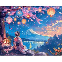 Set pictura pe numere, cu sasiu, Gheisa, lanterne si muntele Fuji, 40x50 cm