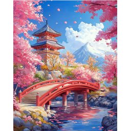 Set pictura pe numere, cu sasiu, Pod rosu si ciresi infloriti, 40x50 cm