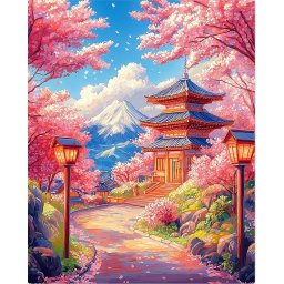 Set pictura pe numere, cu sasiu, Drum de sakura spre pagoda, 40x50 cm
