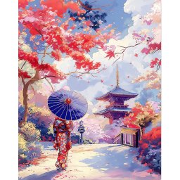 Set pictura pe numere, cu sasiu, Gradina japoneza toamna, 40x50 cm