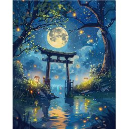 Set pictura pe numere, cu sasiu, Torii sub clar de luna si licurici, 40x50 cm