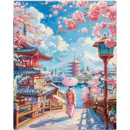 Set pictura pe numere, cu sasiu, Drum de sakura in Kyoto, 40x50 cm