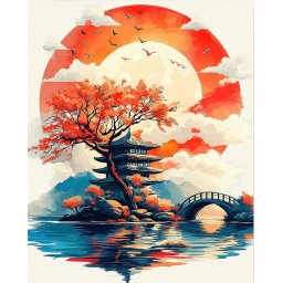 Set pictura pe numere, cu sasiu, Pagoda in rasarit de soare, 40x50 cm