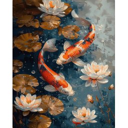 Set pictura pe numere, cu sasiu, Pesti Koi si nuferi, 40x50 cm