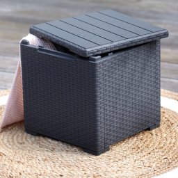 Cutie depozitare cu capac, pentru gradina si balcon, Keter Vigo, polipropilena rezistenta UV, imitatie lemn, pentru unelte si jucarii, graphite