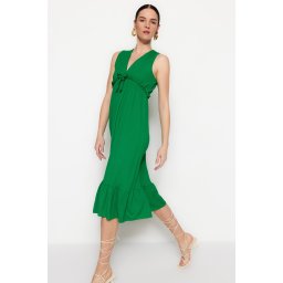 Rochie midi tricotată Trendyol Green V-Neck Flounce detaliată A-Line