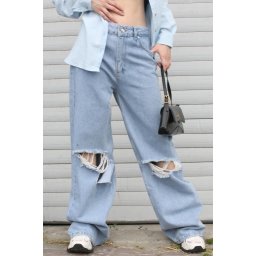 Madmext Blue Regular Fit Femei rupte detaliate Jean