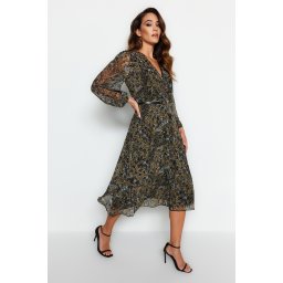 Trendyol verde cu curea A-line midi, rochie din sifon cu guler dublu, rochie tesuta