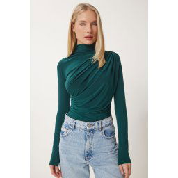 Happiness İstanbul Women's Dark Green Gathered Detailed High Neck Sandy Blouse
