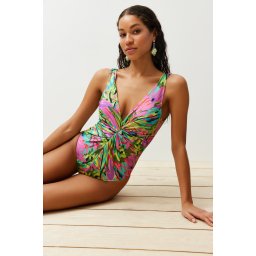 Trendyol Tropical Patterned Deep V Neck Knotted High Leg Regular Swimsuit