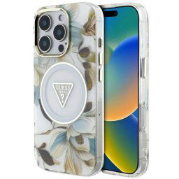 Husa Guess Glitter Flowers Triangle Buttons MagSafe pentru iPhone 16 Pro Max Alb