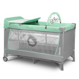 Lionelo - Patut pliant cu doua nivele Flower, Cu arcada, Geanta transport, Masuta de infasat, Bara cu jucarii, Fereastra laterala, 120x60 cm, Conform cu standardele europeane de securitate EN 716 si EN12221, Turcoaz