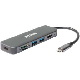 HUB extern D-LINK DUB-2327, Porturi 2x USB 3.0 SuperSpeed si 1xUSB-C with data sync & amp; PD-60W,1xHDMI 4k,Dual-Slot SD/microSD/SDHC/SDXC Card Reader, Cablu 10 cm cu USB Type-C, Argintiu "DUB-2327