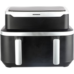 Friteuza dubla cu aer cald Heinner match&sinc HAF-DDB9BK26, 2600w, capacitate totala 9l, control digital individual, termostat reglabil 60-200 grade, Negru