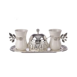 Set de Ceai sau Cafea Pentru Două Persoane cu Zaharniță și Tavă Din Zinc Argintat