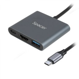 DOCKING Station Spacer universal 3 in 1, conectare Type-C USB 3.1, USB 3.0 x 1, porturi video HDMI x 1, 4K (30Hz), PD 87W, aluminiu, Gri, 45507058 SPDS-TypeC-HUP-3in1 (timbru verde 0.18 lei)